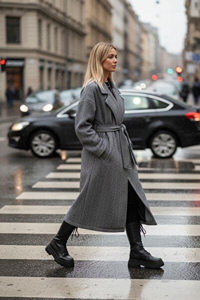 Mossta Brown Stylish Long Coat – Belted Women's Model