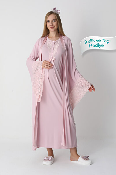 ERDENİZ TEKSTİL Lace Detailed Viscose Fabric Maternity Nightgown and Robe Set of 2 - Includes Slippers and Crown as a Gift