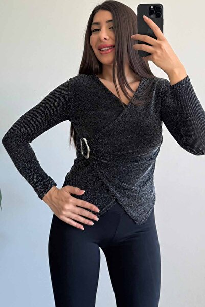 CİDDE Women's Glittery Blouse with Buckle Detail