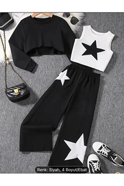 buendiakids Kız Çocuk 3`Lü Paket Siyah Kapüşonlu Crop Yıldız Baskılı Sweatshi...