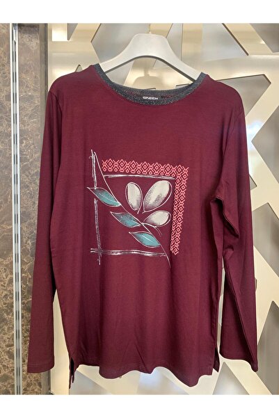 günay boutıque Printed Burgundy Blouse with Glitter Strips on the Collar and Front