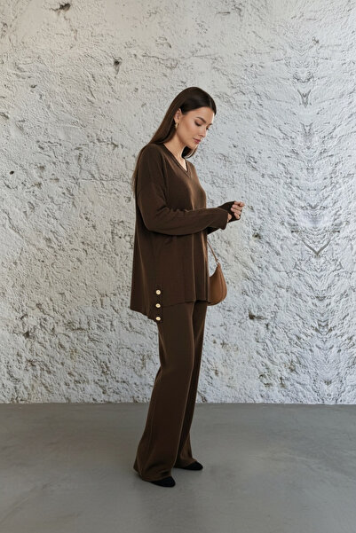 NEWCO Women's V-Neck Button Detailed Knitwear Set Knitted Fabric Comfortable Two-Piece Set