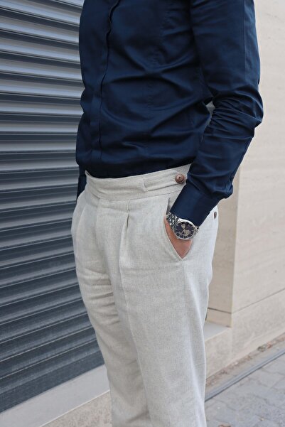 Daniel Voi Beige Italian Cut Side Buttoned Pleated Stylish Fabric Trousers