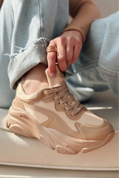 Zerenyus Zri̇n-149 Nut Gold Lace-Up Mesh Casual Premium Women's Sneaker