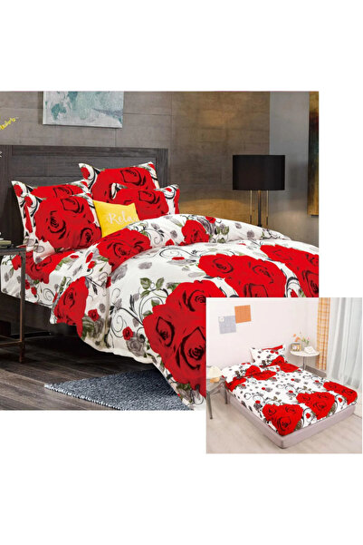 trendyhome Double Bed Linen with Elastic, Cocolino Fluffy Material, Roses, White/Red, i14045-Elastic