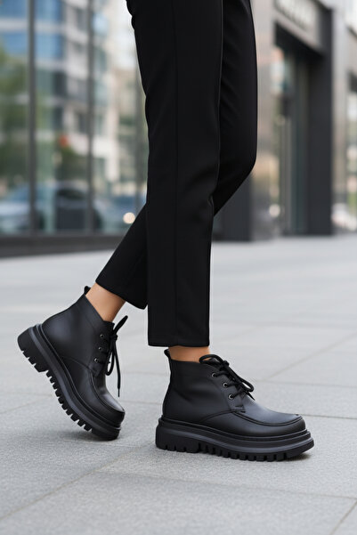 Moda Lime Kadın Siyah Kalın Taban Bağcıklı Günlük Suni Deri Bot Botie