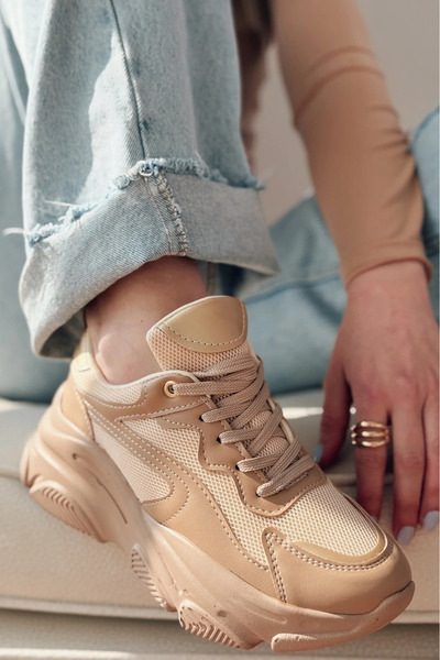 Zerenyus Zri̇n-149 Nut Gold Lace-Up Mesh Casual Premium Women's Sneaker