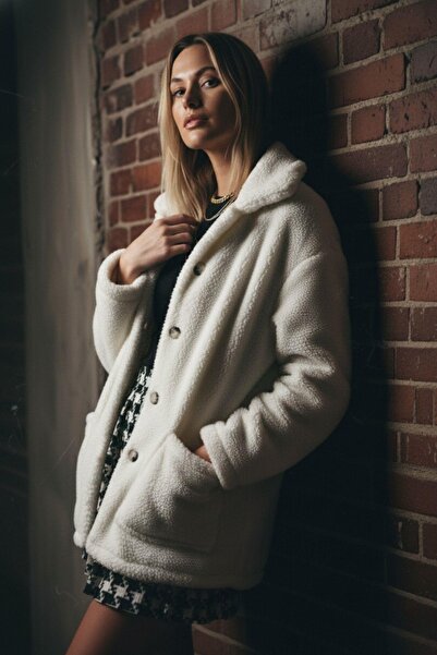 Mossta Women's Hooded Plush Teddy Coat – Ecru Buttoned