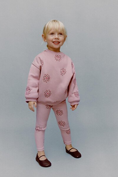 Magu Girl's Cotton Pink Floral Printed Sweatshirt Leggings Set