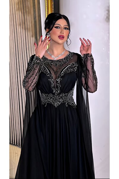 NHMODA Tulle Fabric, Transparent Sleeves, Flared Evening Dress with Embroidery Detail