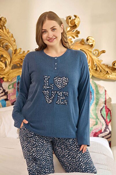 Aydoğan Plus Size Women's Printed Long Sleeve Pajama Set 240684 Navy Blue