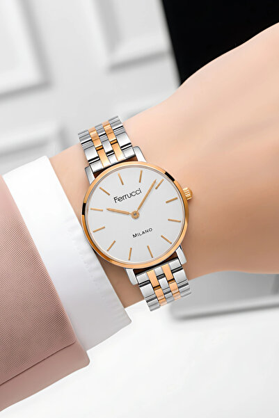 Ferrucci ساعة يد نسائية بهيكل فولاذي، سوار هدية فضي-وردي اللون zmfer211