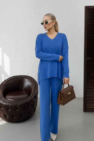 NEWCO Women's V-Neck Button Detailed Knitwear Set Knitted Fabric Comfortable Two-Piece Set