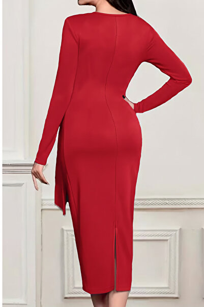 Deafox Red Round Neck Long Sleeve Brooch Detail Draped Asymmetric Crepe Fabric Dress