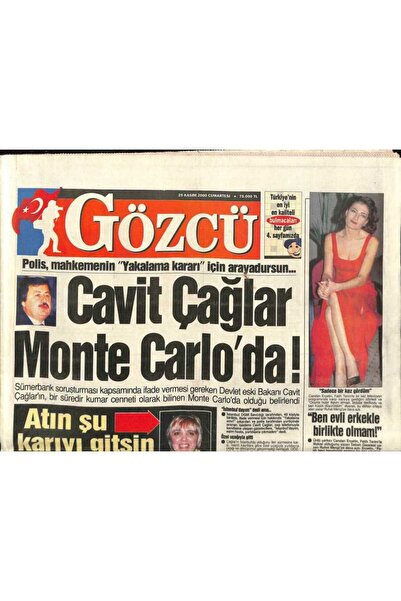 Gökçe Koleksiyon Gözcü Gazetesi 25 Kasım 2000 - Cavit Çağlar Monte Carloda ! - Cüneyt Arkından İlginç Açıklama Akıll