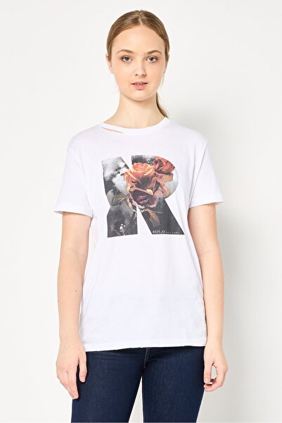 Replay Women Crew Neck Short Sleeve Graphic Print T-Shirt, White