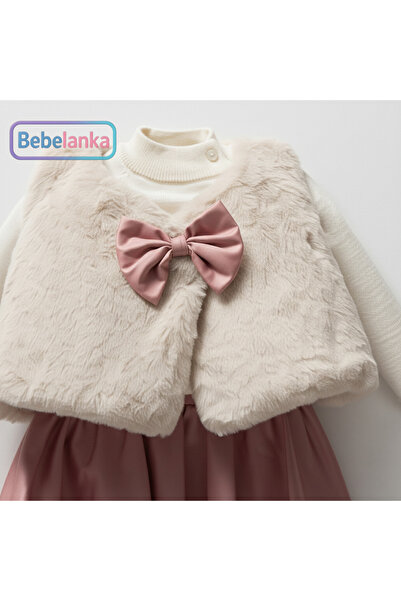 Nipperland Kız Çocuk Pembe Fiyonklu Peluş Yelekli Triko Kazak ve Etek 3'lü Li...