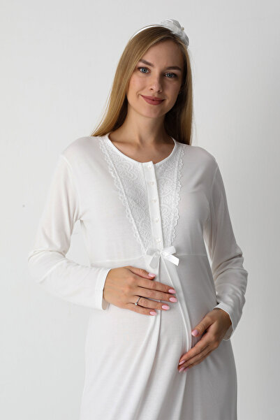 ERDENİZ TEKSTİL Lace Detailed Viscose Fabric Maternity Nightgown and Robe Set of 2 - Includes Slippers and Crown as a Gift