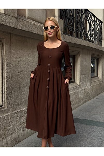 CARLA MARA Ottoman Fabric Button Detail Dress Brown