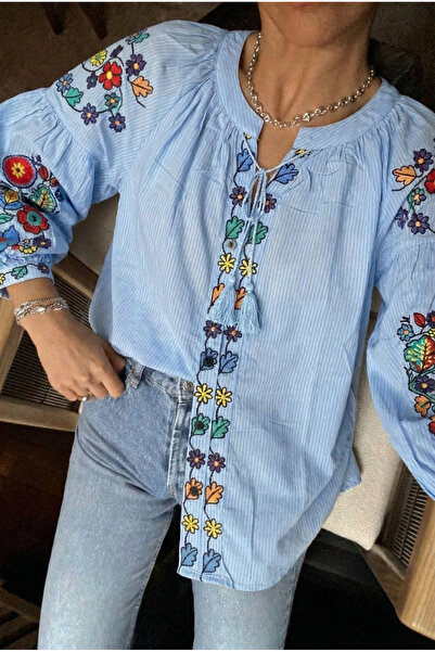 FEMELLE Women's Blue Collar Tassel Balloon Sleeve Embroidered Cotton Blouse