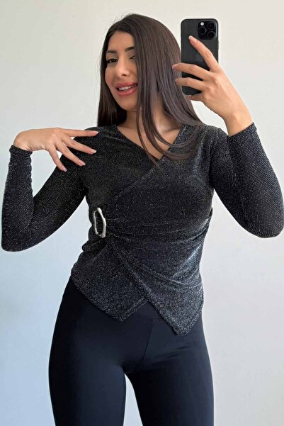 CİDDE Women's Glittery Blouse with Buckle Detail