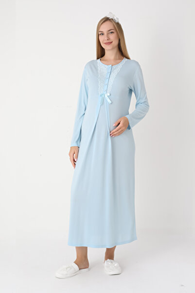 ERDENİZ TEKSTİL Lace Detailed Viscose Fabric Maternity Nightgown and Robe Set of 2 - Includes Slippers and Crown as a Gift