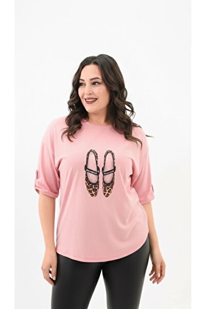 Koza Butik Women's Plus Size Stone Embroidered Print Pattern Oval Cut T-Shirt 1927-25