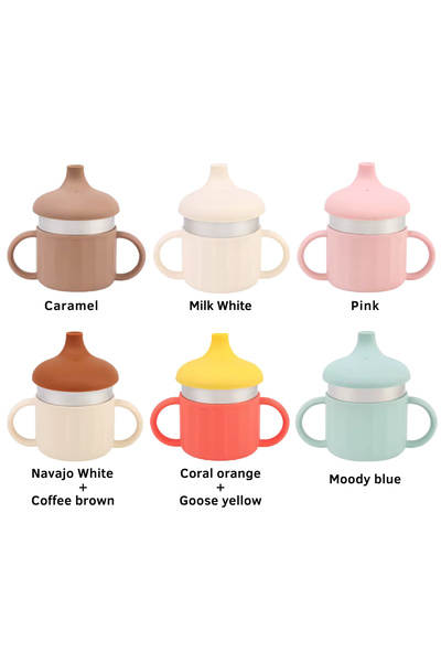 NO BRAND 3 in 1 Children's Cup - Stainless Steel & Silicone, Sippy Cup with Straw and Spout, 220 ml - Milky white