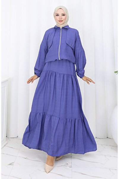 sefamerve Double Suit with Elastic Sleeves and Zipper 0129-21 Purple