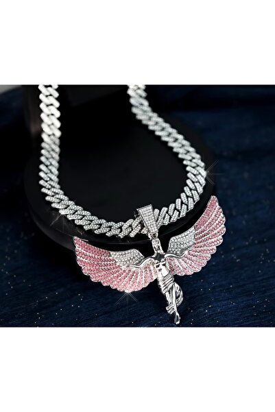 La Saade Funky Angel Wings Necklace - Iced Out Melek Kanatları Pembe Taşlı Unisex Küba Hip Hop Punk Kolye