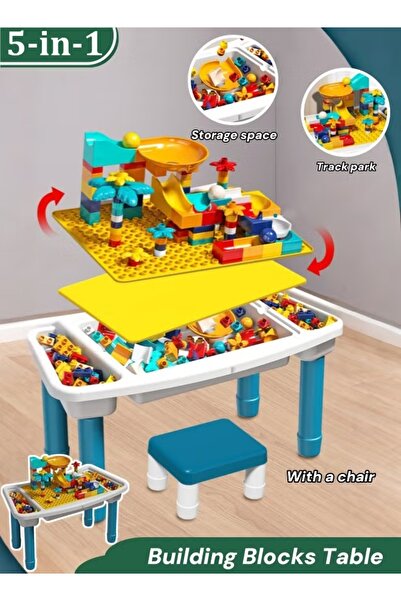 Generic مجموعة طاولة وكرسي أنشطة للأطفال الصغار مع 108 قطعة من مكعبات البناء (أزرق)