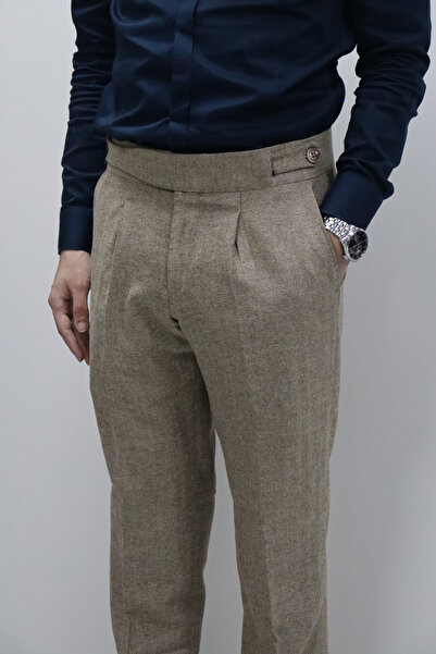 Daniel Voi Light Brown Italian Cut Side Button Pleated Stylish Fabric Trousers