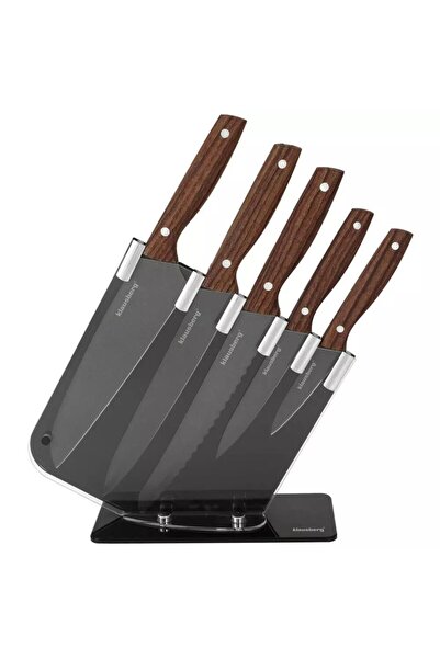 Kinghoff Set of 5 knives, with black stand, wooden handle, Klausberg