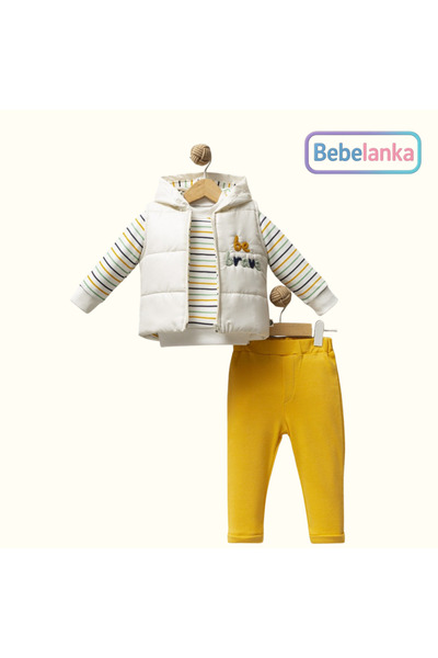 Hippıl Baby Boy's Hooded Inflatable Vest Set Mustard Striped Sweatshirt and P...