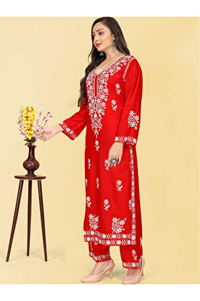 MYSMAR Red Rayon Cotton Kurti Pant - PMM14798 | Red