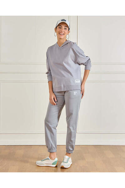 REDTAG Women Grey Basic Hooded Sweatshirt