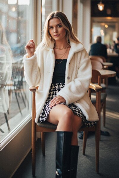 Mossta Plush Hooded Long Coat – Ecru Oversized