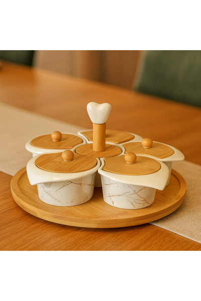 CEZVE HOME 5-Piece Porcelain Breakfast Set with Bamboo Rotating Stand and Lid...