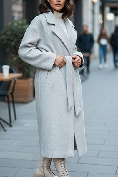 Mossta Oversized Belted Women's Coat – Light Gray Modern Fit