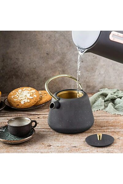 Kinghoff Ceainic din fonta cu strecuratoare, interior emailat, 1l, negru cu sclipici, elemente aurii, Kingho