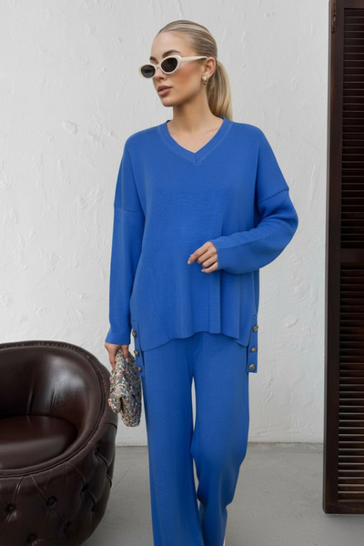 NEWCO Women's V-Neck Button Detailed Knitwear Set Knitted Fabric Comfortable Two-Piece Set