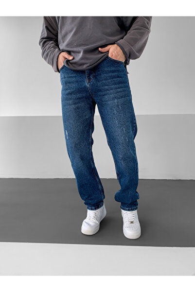 NO1 KONSEPT Koyu Mavi Taşlamalı Yırtık Detaylı Baggy Jean Pantolon