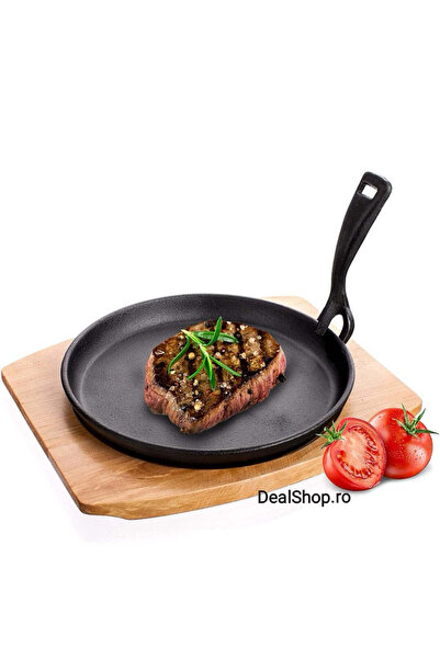 dealshopromania Tigaie din fontă pură cu suport din lemn, suport din lemn din...