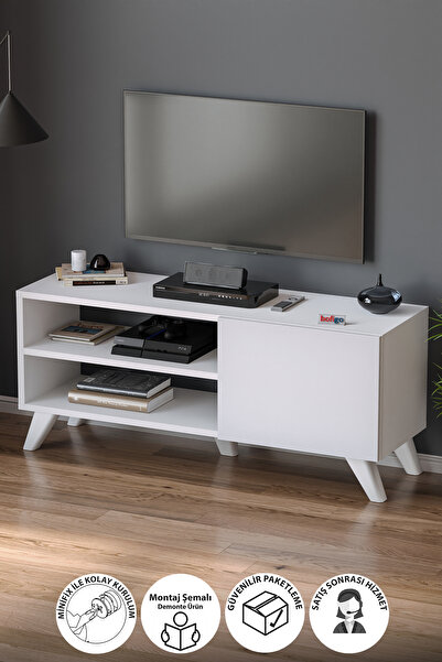 Bofigo TV Sehpası Kapaklı Tv Sehpası Raflı TV Ünitesi Televizyon Sehpası 100 x 35 Cm Malta Beyaz