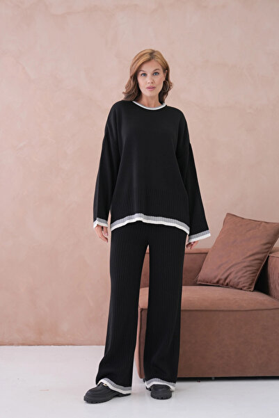 Park Karon طقم تريكو نسائي مكون من سترة وبنطلون بياقة دائرية وأكمام منخفضة