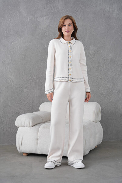 Park Karon Women's Shirt Collar Button Detail Jacket Pants Two-Piece Knitwear Set