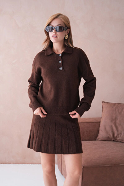 Park Karon Kadın Polo Yaka Düğme Detay Kazak Etek İkili Triko Takım