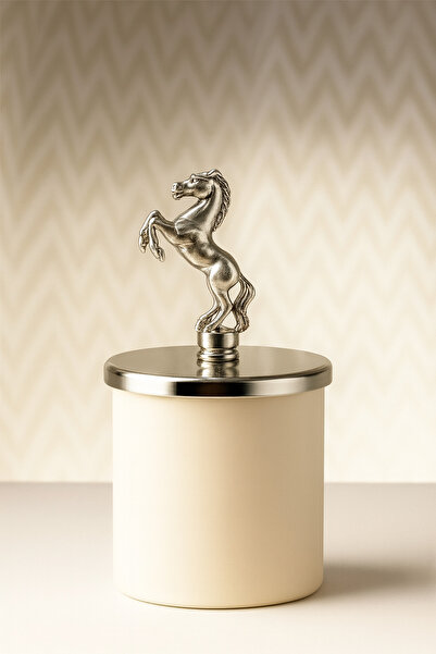 VENA GÜMÜŞ AT FİGÜRLÜ KAPAKLI KREM BARDAKLI VANİLYA KOKULU MUM