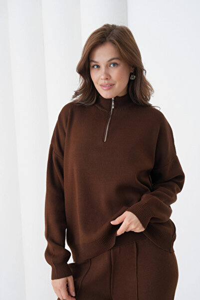 Park Karon Women's Mock Neck Half Placket Zipper Slit Sweater Pants Two-Piece Knitwear Set