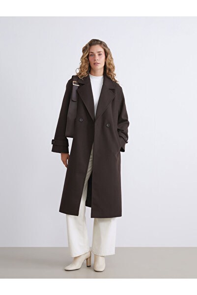 LC Waikiki Modest Brown Double-Breasted Collar Women's Cashmere Coat